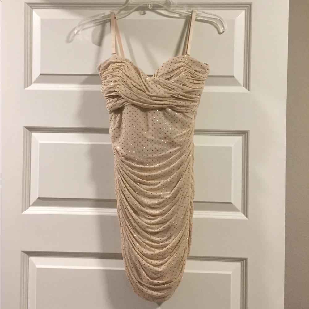 Gold/beige rhinestone Bebe dress